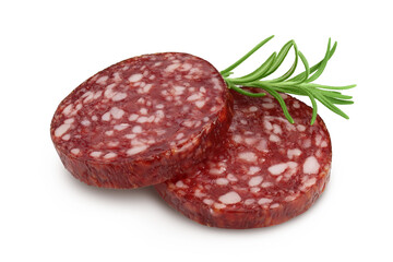 Smoked sausage salami slices isolated on white background with clipping path and full depth of field