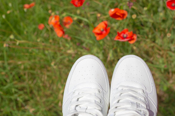 Socks of white sneakers on the background of a green meadow with poppies. Summer sports and recreation