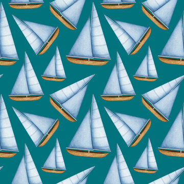 Watercolor Sailboat seamless pattern. Sailing Ships. Nautical Vessel, Yacht. Sea Life. Romantic Traveling, Cruise, Ship Navigation. Hand drawn maritime background for print, textile