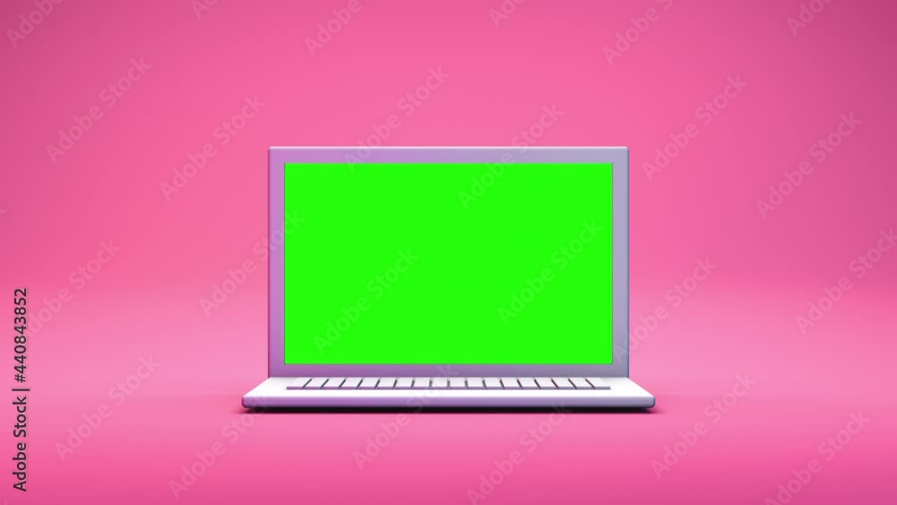 Aufkleber close up camera shot in to white computer laptop, green screen display empty space, 3d rendering ani
