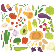 Vegetables set. Cute doodle textured veggies: tomato, beet, onion, pepper, corn, eggplant. Fresh organic hand drawn vegan food in modern style for farmers market poster or kitchen prints.