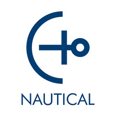 Obraz premium Logo con ancla de barco con forma de letra inicial C y texto Nautical en color azul