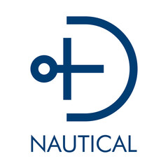 Obraz premium Logo con ancla de barco con forma de letra inicial D y texto Nautical en color azul