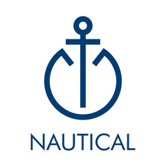 Logo con ancla de barco con forma de letra inicial O y texto Nautical en color azul