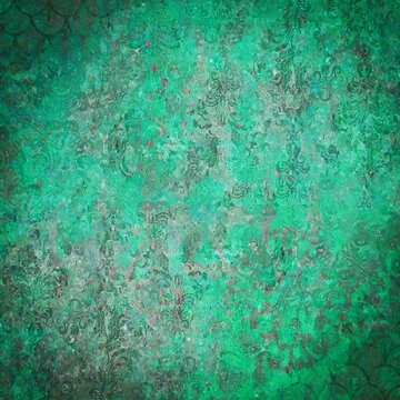 Old green turquoise vintage shabby patchwork damask ornate arabesque motif tiles stone concrete cement wall wallpaper texture background square