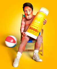 Tanned man sitting on deckchair with giant sunscreen, 3D illustration