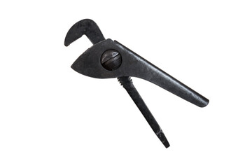 Old adjustable pipe wrench isolated on a white background. Plumbing wrench. Renovation concept.
