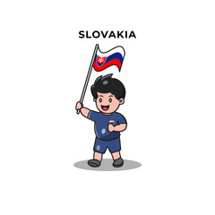 Cute Football Player Holding Slovakia Flag. Cartoon Vector Icon Illustration. Sport and People Icon Concept Isolated Premium Vector. Flat Cartoon Style