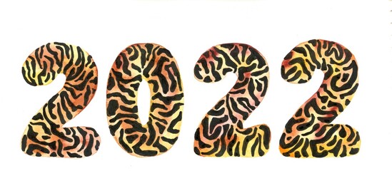 watercolor figures of the 2022 numbers with a tiger pattern isolated on a white background.Happy new year 2022 template.Design for print,banner,brochure,greeting cards.
