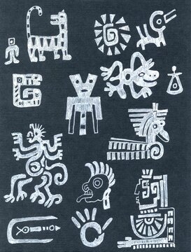 primitive cave figures of ancient Mayan and Aztec tribes,animals ,symbols.Vintage traditional tattooing style.native american culture signs.Temple pattern.ethnic totem set.abstract dogs,frogs,monkeys