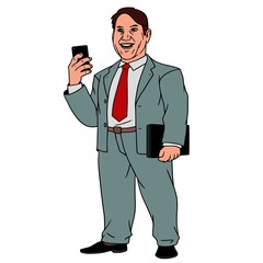 Vector illustration character portrait of businessman. Vector illustrationVector illustration character portrait of a businessman, raising his hand, which squeezes a smartphone.