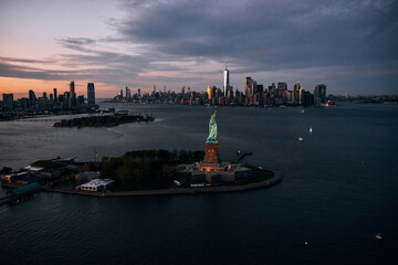 An Aerial View of Statue of Liberty and Lower Manhattan in New York City