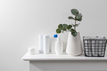 A vase with a eucalyptus branch, plastic bottles of shampoo, cream. Bathroom. Space for text