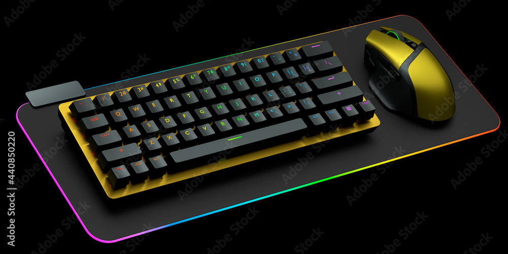 Poster computer keyboard and mouse on professional pad isolated on black background.