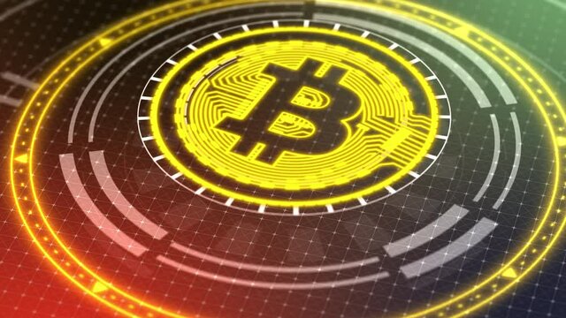 Bitcoin Symbol on Grid Animation Red and Green. the bitcoin symbol animates on to a grid with circles