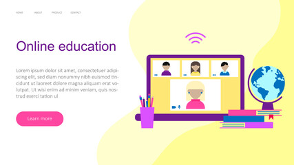 Students Learning Online at Home. Digital Classroom Online Education back to school concept. Web template Distance Learning. Vector Illustration.