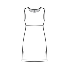 Dress empire line technical fashion illustration with sleeveless, oversized body, knee length A-line skirt. Flat apparel front, white color style. Women, men unisex CAD mockup