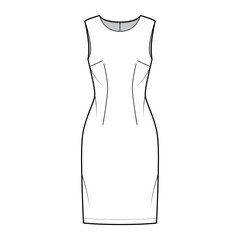 Dress sheath technical fashion illustration with sleeveless, fitted body, knee length pencil skirt. Flat apparel front, white color style. Women, men unisex CAD mockup