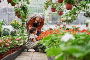 Female child helping to her elderly grandmother at the greenhouse in summer outside