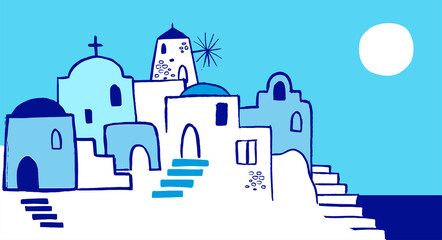 Greece hand drawn illustration. Santorini old town streets, traditional and famous houses and churches with blue domes 