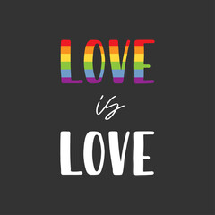Gay Lettering. Conceptual poster with LGBT rainbow hand lettering. Colorful glitter handwritten phrase Love is Love isolated on black background. Vector typographic illustration for gay community