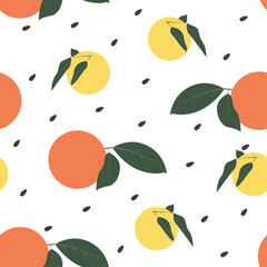 Seamless pattern with citrus fruits Vector illustration Oranges and lemons with leaves on white background with black seeds Flat design