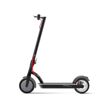Black electric kick scooter on white background realistic vector illustration.