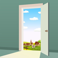 Open Door to nature way. Landscape rural farm valley symbol freedom, new way exit, discovery, opportunities. Motivation concept to real world. Vector illustration cartoon style poster banner