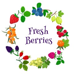 Bright juicy Berry with leaves collection in circle.