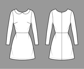 Dress A-line technical fashion illustration with long sleeves, peter pan collar, fitted body, above-the-knee length skirt. Flat apparel front, back, white color style. Women, men unisex CAD mockup