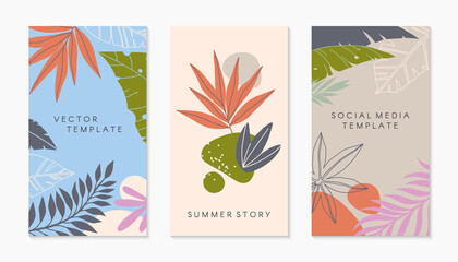 Set of insta story templates with tropical palm leaves.Modern vector summer layouts with copy space for text.Bright vibrant banners.Trendy designs for social media marketing,digital post,prints.