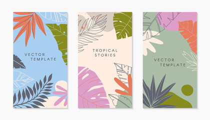Obraz premium Set of insta story templates with tropical palm leaves.Modern vector summer layouts with copy space for text.Bright vibrant banners.Trendy designs for social media marketing,digital post,prints.