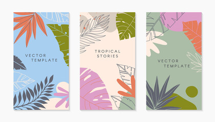 Set of insta story templates with tropical palm leaves.Modern vector summer layouts with copy space for text.Bright vibrant banners.Trendy designs for social media marketing,digital post,prints.