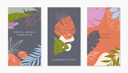 Fototapeta na wymiar Set of insta story templates with tropical palm leaves.Modern vector summer layouts with copy space for text.Bright vibrant banners.Trendy designs for social media marketing,digital post,prints.