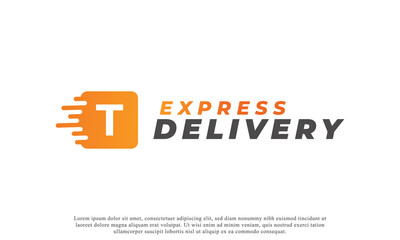 Creative Initial Letter T Logo. Orange Shape T Letter with Fast Shipping Delivery Truck Icon. Usable for Business and Branding Logos. Flat Vector Logo Design Ideas Template Element