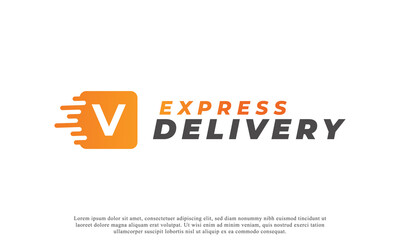 Creative Initial Letter V Logo. Orange Shape V Letter with Fast Shipping Delivery Truck Icon. Usable for Business and Branding Logos. Flat Vector Logo Design Ideas Template Element