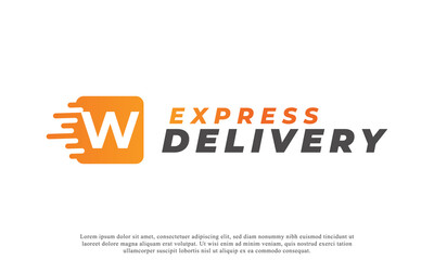 Creative Initial Letter W Logo. Orange Shape W Letter with Fast Shipping Delivery Truck Icon. Usable for Business and Branding Logos. Flat Vector Logo Design Ideas Template Element