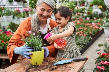 Grandmother teaching her little child to replacing flowers to the pots