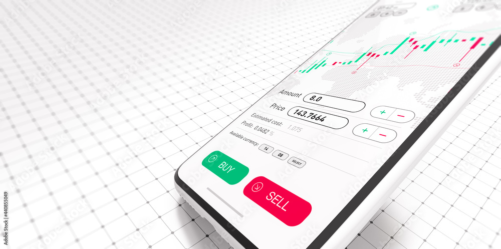 Poster stock exchange smartphone app with general info shown on screen on white background and ui (3d illus