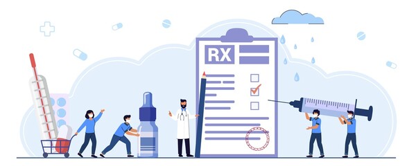 RX medical prescription drug vector illustration concept Medicine prescription with medicines Prescription form Doctor writes signature in recipe Disease therapy pills Evidence-based medicine © JulsIst