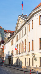Fototapeta na wymiar Entrance to Lower House of Czech Parliament - Chamber of Deputies. Snemovni Street in Prague, Czech Republic