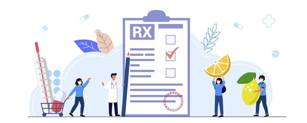 RX medical prescription drug vector illustration concept Medicine prescription with medicines Prescription form Doctor writes signature in recipe Disease therapy pills Evidence-based medicine