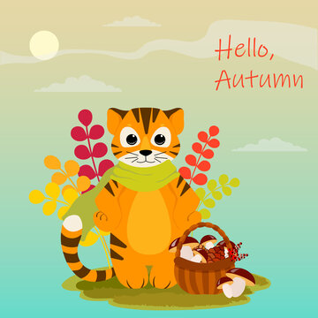 Cute tiger with a basket of mushrooms and cones. Hello, Autumn. Postcard with lettering and autumn background. Symbol of the year. Vector illustration