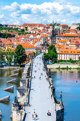 Prague panorama with Charles Bridge over Vltava River and Lesser Town. View from Old Town Bridge...
