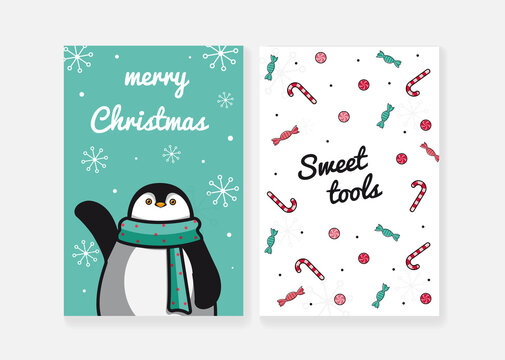 Image with Christmas cards. Blue postcard with a penguin. Postcard with caramels. Vector illustration.