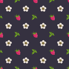 Seamless pattern with raspberries, flowers and leaves. Cute print of summer or spring berries on dark background. Cute holiday decoration for textiles, wrapping paper and design