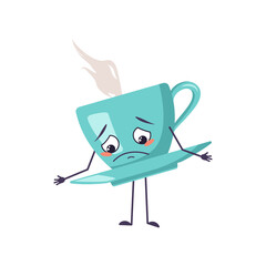 Cute cup of tea character with sad emotions, downcast eyes, depressing face, arms and legs. The melancholy mug with a saucer for a cafe. Vector flat illustration