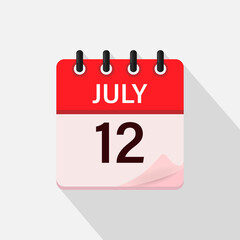 July 12, Calendar icon with shadow. Day, month. Flat vector illustration.