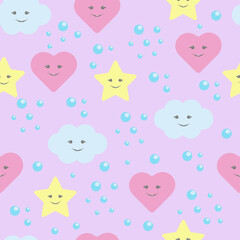 Childish seamless pattern with cute cartoon stars, clouds. For children's textiles and other prints.