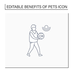 Pets benefits line icon.Man have fish in aquarium. Reduce stress level. Companionship. Animal caring concept. Isolated vector illustration.Editable stroke